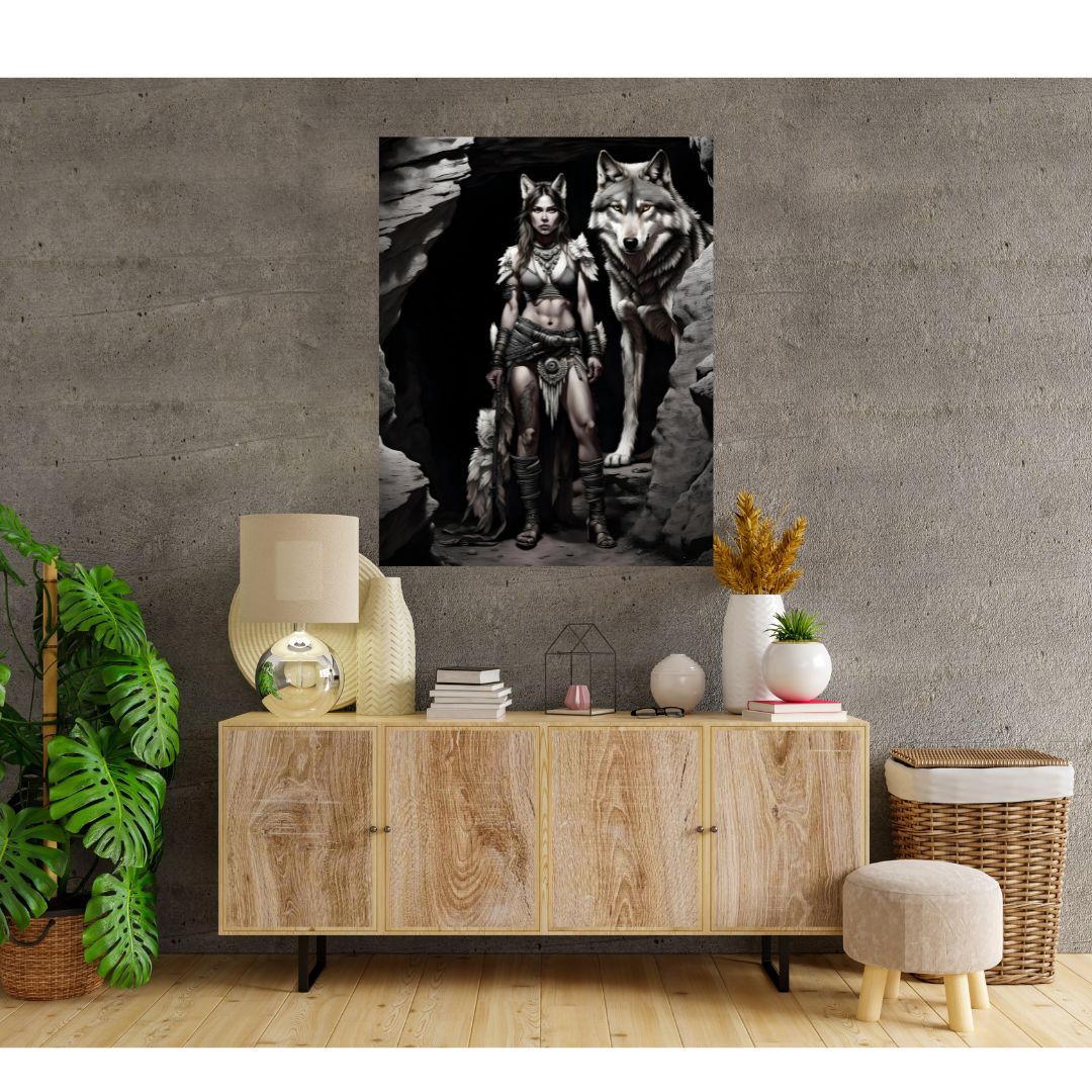 Póster de pared épico "Guerrero y lobo oscuro" - Pintura monocromática