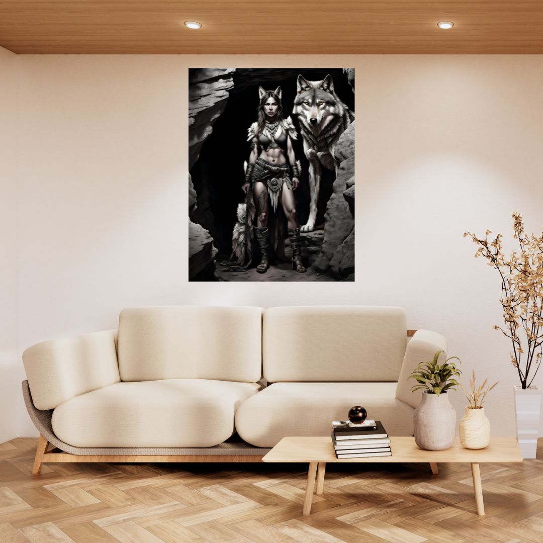 Póster de pared épico "Guerrero y lobo oscuro" - Pintura monocromática