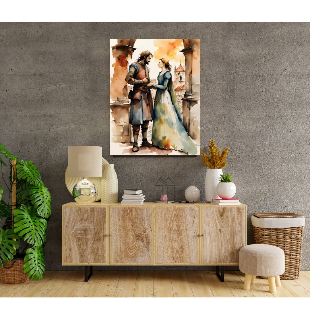 Poster Étreinte du Temps - Tableau Romantique Médiéval en Aquarelle