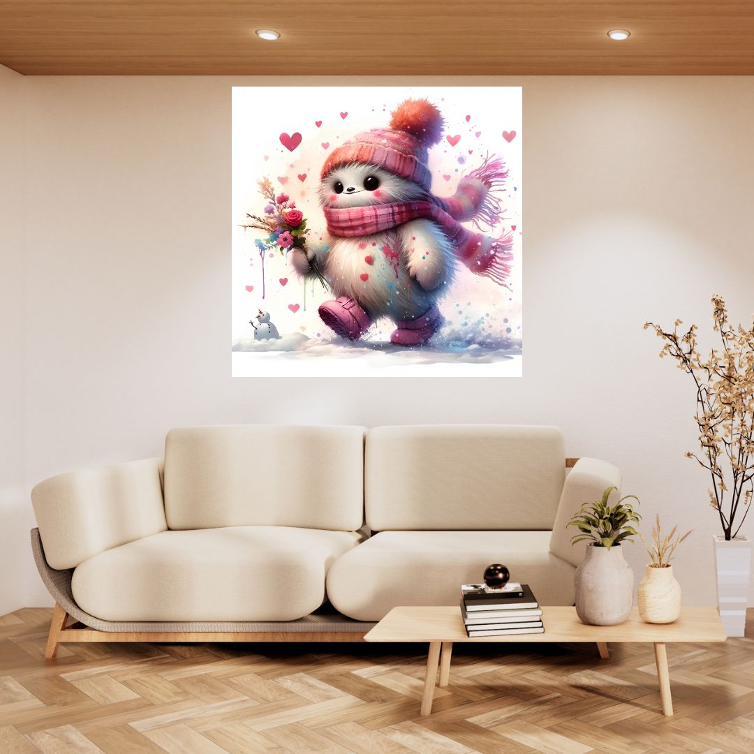 Poster Kakemono - Yéti rose adorable sous la neige - Décoration Murale de Chambre